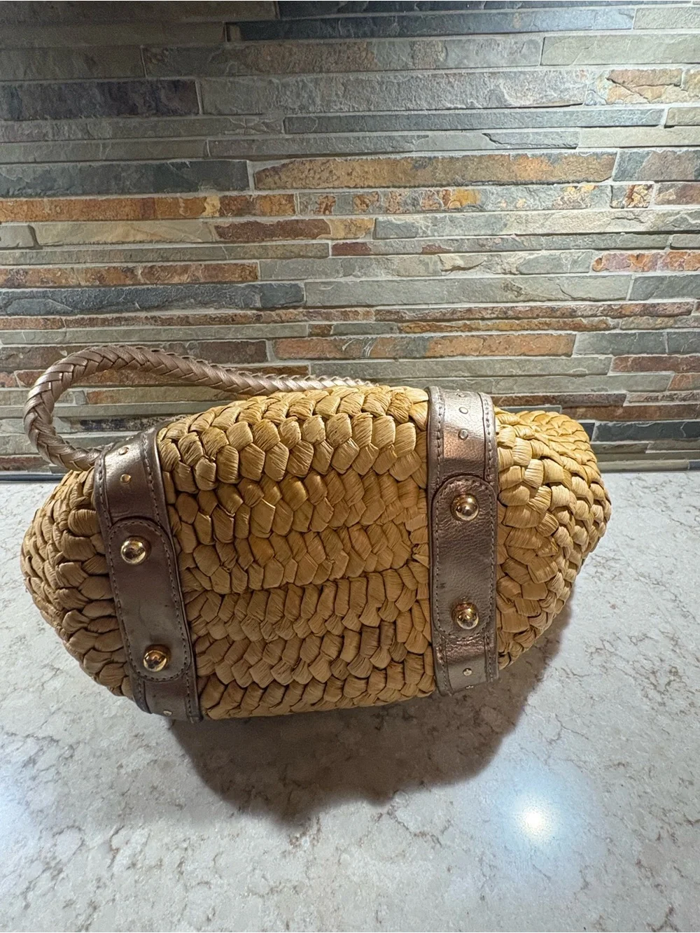 Michael Kors Woven Straw Tote Bag with Taupe Leather Trim